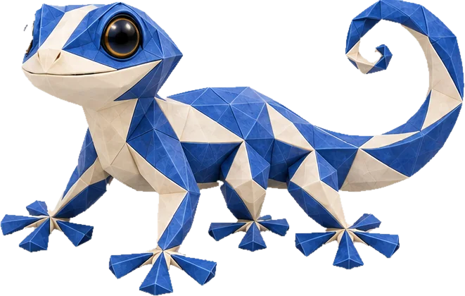 Le gecko de Geecko, plié dans un papier bleu cobalt et crème