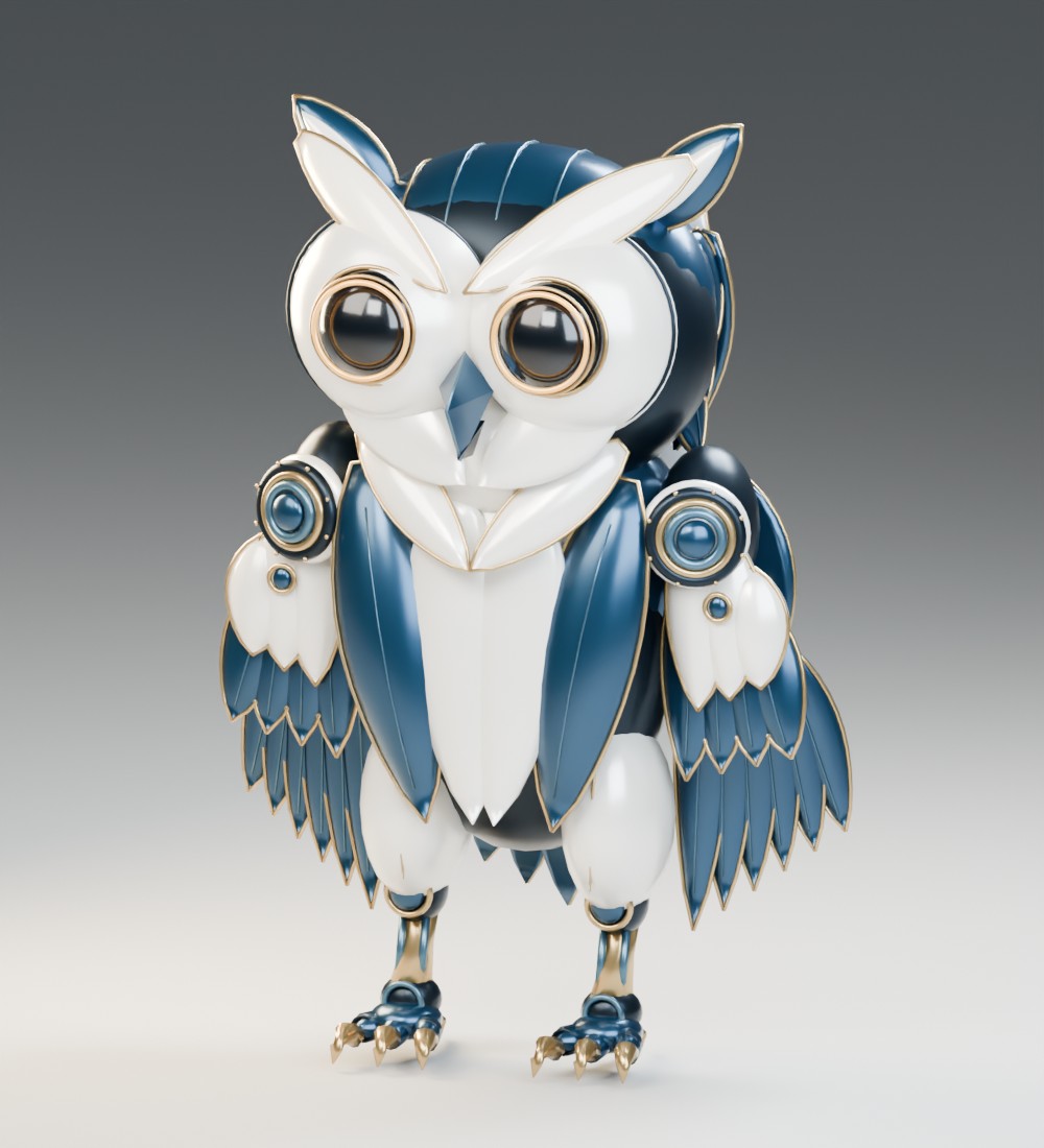 Hibou mécanique aux coques ivoire, aux plumes bleu nuit et aux articulations dorées